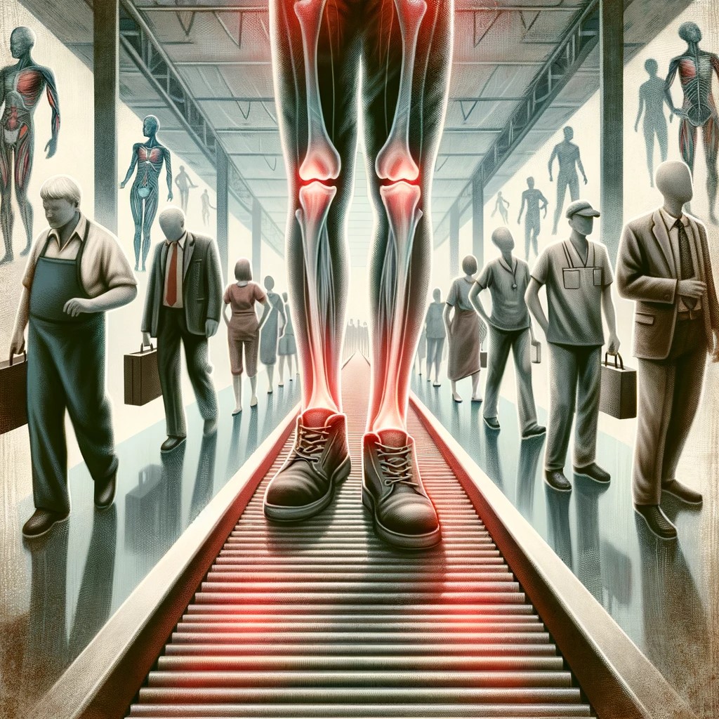 A pair of feet on an endless conveyor belt. Surrounding this, are ghosted images of workers from various professions like retail staff, caterers, and technicians, all standing.